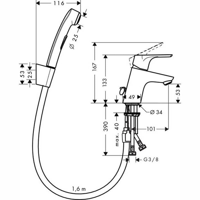 Hansgrohe Focus - Single Lever Basin Mixer 70 with Bidet Spray and Shower Hose 160cm - Unbeatable Bathrooms