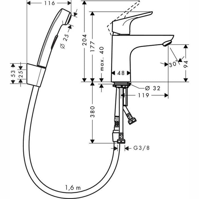 Hansgrohe Focus - Single Lever Basin Mixer 100 with Bidet Spray and Shower Hose 160cm - Unbeatable Bathrooms