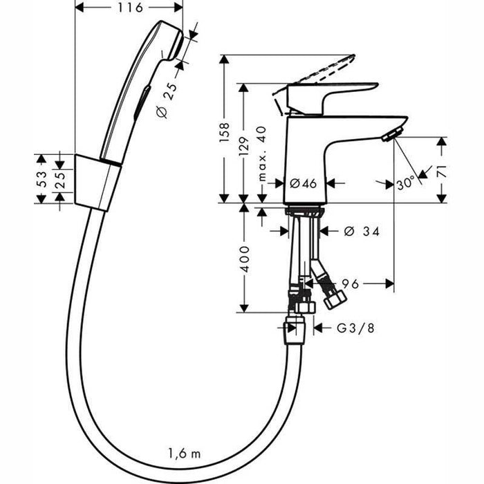 Hansgrohe Talis E - Single Lever Basin Mixer with Bidet Spray and Shower Hose 160cm - Unbeatable Bathrooms