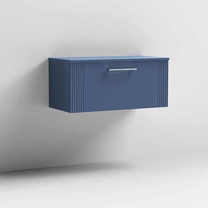 Nuie Deco 800mm Wall Hung 1 Drawer Fluted Vanity Unit & Worktop - Satin Blue - Unbeatable Bathrooms