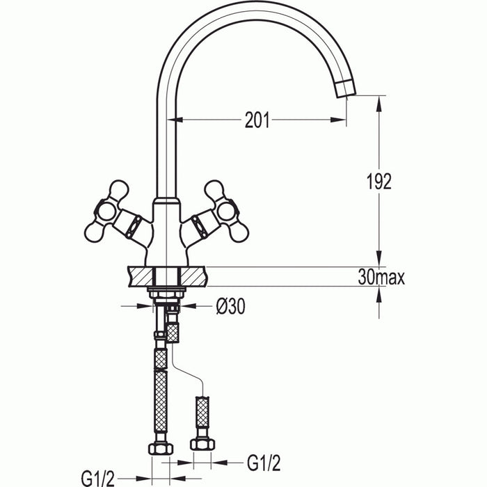 Flova Traditional Cross Handle Swivel Spout Kitchen Mixer - Unbeatable Bathrooms