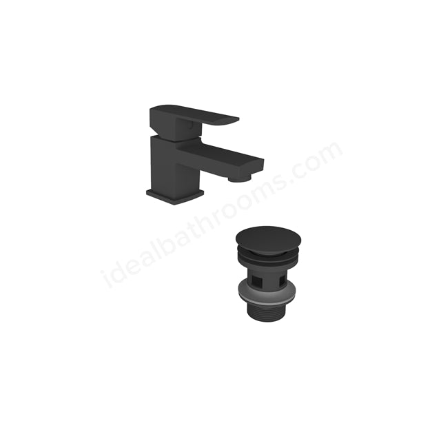 Essential Paron Matt Black Mini Mono Basin Mixer with Click Waste 1 Tap Hole Matt Black - Unbeatable Bathrooms