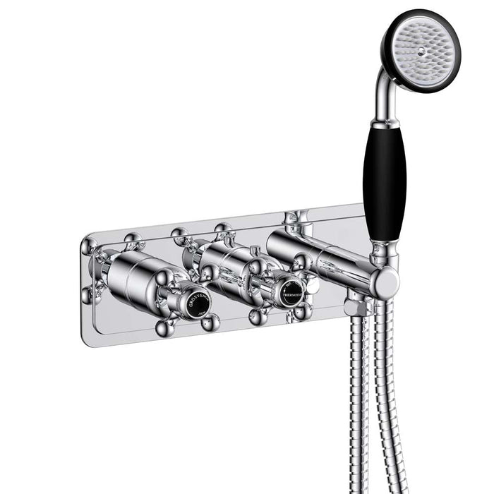 JTP Grosvenor Black Cross Thermostatic Concealed 2 Outlet 2 Controls Shower Valve & Handset - Unbeatable Bathrooms