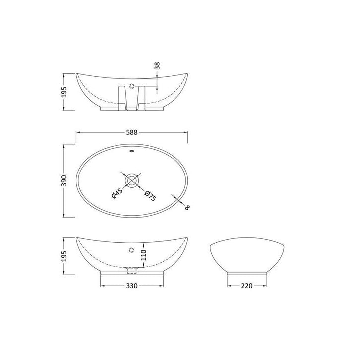 Hudson Reed 580mm 0TH Oval Countertop Vessel Basin - Unbeatable Bathrooms