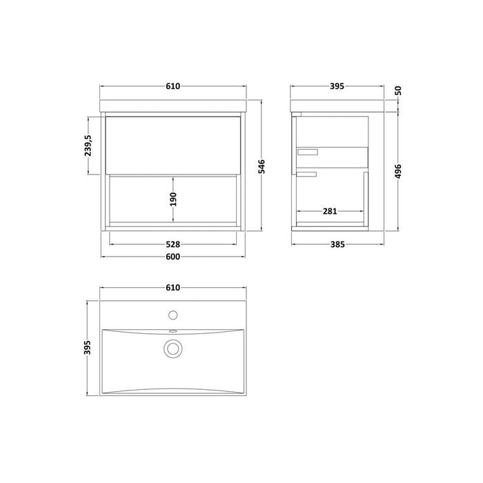 Hudson Reed Coast Vanity Unit - Wall Hung 1 Drawer Unit with Basin - Unbeatable Bathrooms