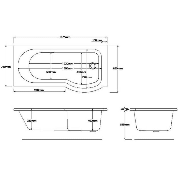 Sommer P Shaped 1675 x 850mm Left Hand Shower Bath - Unbeatable Bathrooms