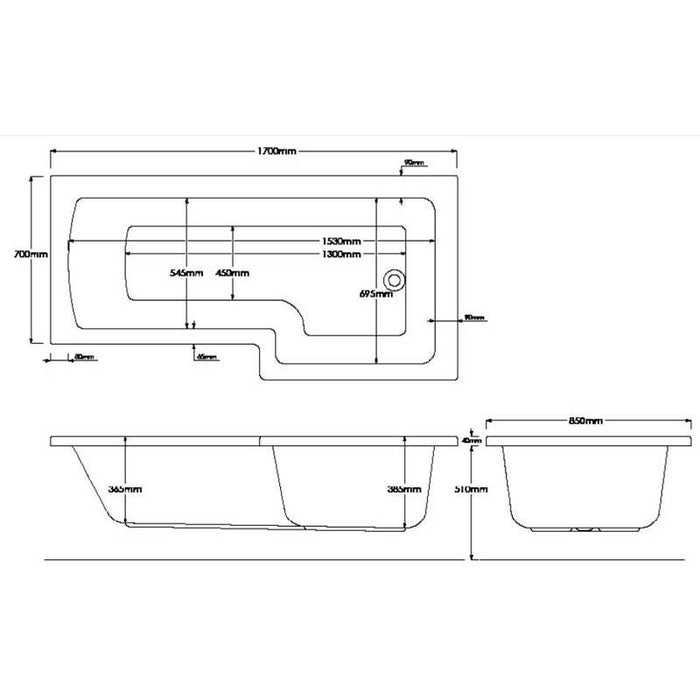 Sommer L Shaped 1700 x 850mm Right Hand Shower Bath - Unbeatable Bathrooms