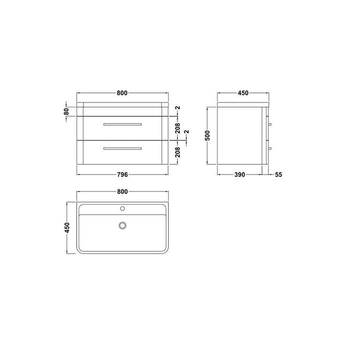 Hudson Reed Solar 600/800mm Vanity Unit - Wall Hung 2 Drawer Unit with Basin - Unbeatable Bathrooms