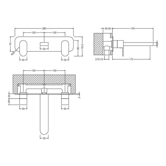 Nuie Binsey Wall Mounted 3TH Basin Mixer - Unbeatable Bathrooms