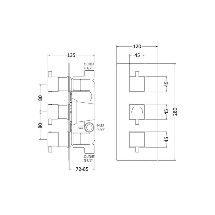 Nuie Triple Concealed Thermostatic Shower Valve - Unbeatable Bathrooms