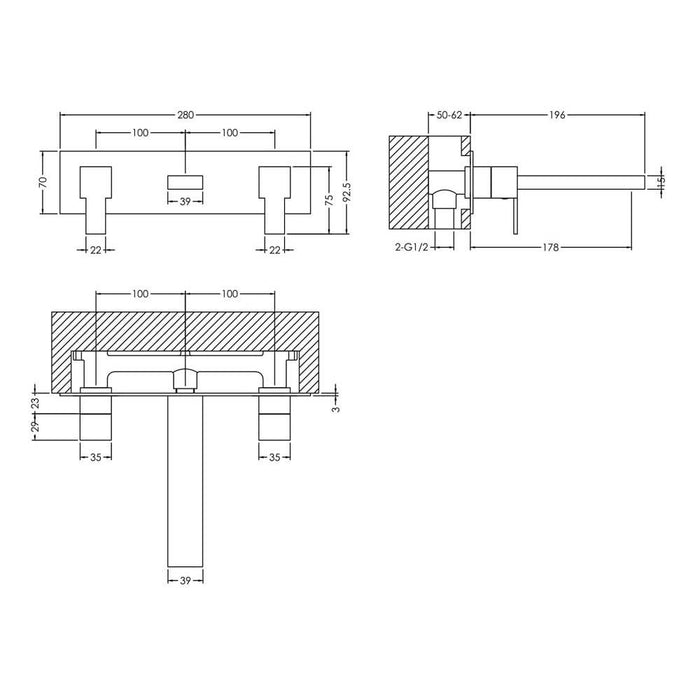 Nuie Sanford Wall Mounted 3TH Basin Mixer - Unbeatable Bathrooms